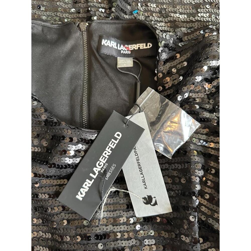 Karl Lagerfeld Sequin Puff Sleeve Shift  Mini Dress Womens 6 Black New NWT $148 - Picture 8 of 9